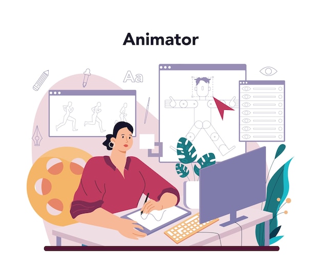 A digital animation artist creating vector illustrations for a web and advertising project on a modern workstation