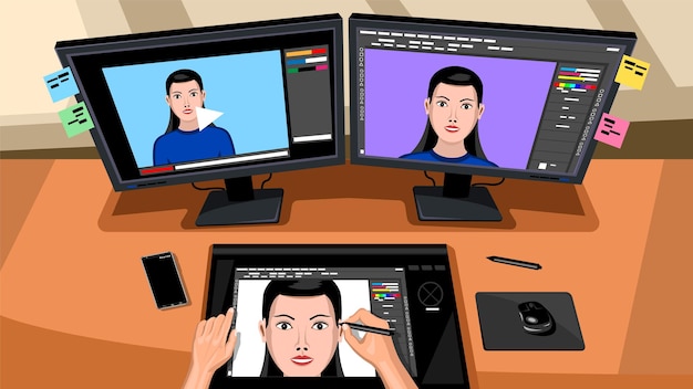 A digital graphic artist working through the animation production process from storyboard to final render