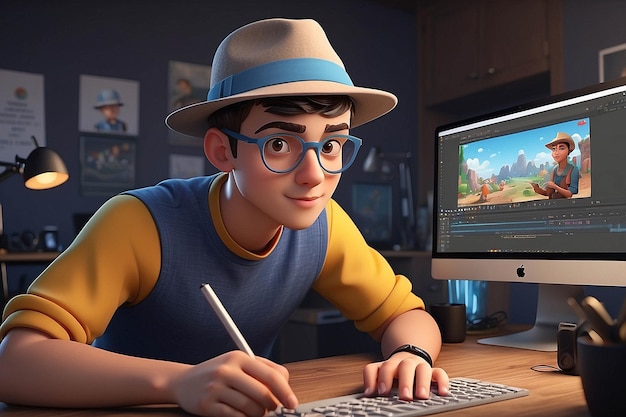 A young editor in a hat reviewing a 3D character animation sequence during a project kickoff
